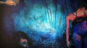 Brunette in Stockings Gives Demon Head on Halloween