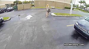 perky blonde gets paid for public blowjob