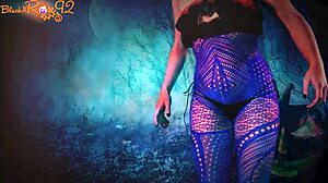 Brunette in Stockings Gives Demon Head on Halloween