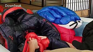 20 down jackets soaked in inflatable pool  