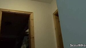 German teen in stockings gives deepthroat blowjob in bathtub.