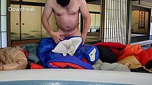 20 down jackets soaked in inflatable pool  