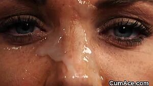 Flirty peach swallows every drop. Casual cumshot facial after wild blowbang.