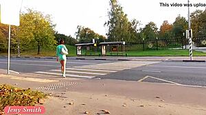 Jeny smith in transparent dress outdoors with heels and shoes