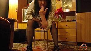 Licking pussy cum on stockings