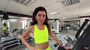 Quickie gym sex turns into risky public cowgirl fuck outdoors