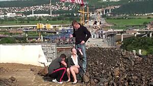 Young blonde cutie in public threesome with two guys