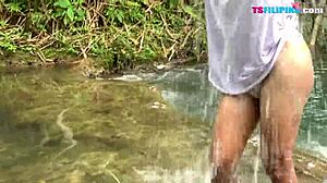 sexy amateur shemale bathes naked outdoor