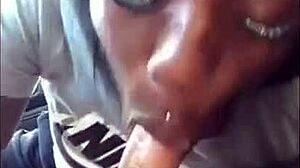 The ebony chick feels intense pleasure sucking the white dick, getting sloppy and wet.