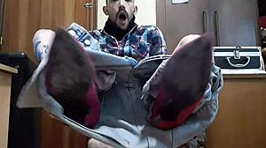 Spanish gay man in heels strokes big cock solo