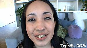 gorgeous teen 18+ rubs twat before wild blowjob