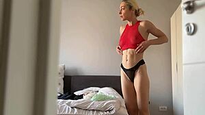 Peeking at hot blonde stepsister changing clothes turns into sneaky neighbor voyeur action. Her big tits and ass are irresistible!