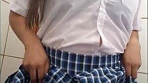 Student masturbates tight vagina then invites friend for dildo.