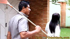 European Brunette with Big Tits Gets Blowjob from Brazilian Gardener