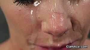 Flirty centerfold takes jizz load on face. She gulps every drop with ease.