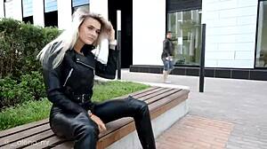 Russian blonde in full leather teasing