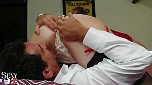 french slut in red satin dress lingerie white thong bra garter-belt stockings heels blowjob rimming doggystyle