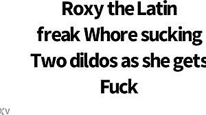 slutty roxy sucks two dildos while getting fucked doggy