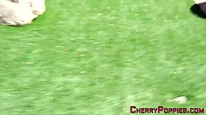 Brunette teen 18+ in bikini subtly showing off her enticing tits outdoors.