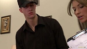 Tall guy interviewed, horny 18+ brunette sucks and rides his big cock close-up. Intense! 💥