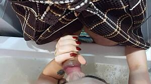 Shower suck turns into bedroom mutual play for double finish.