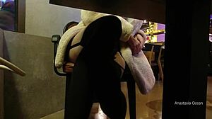 Flashing boobs and pussy in cafe! No panties upskirt in public, hotwife style!