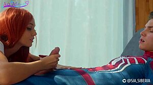 Sia siberia blows spider-man's monster cock at home.