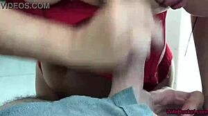 Lucky Husband's Wife Shares Cum with Girlfriend in Threesome