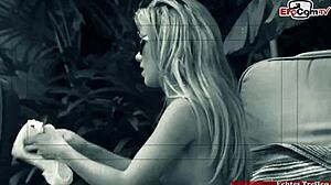 Busty blonde feels seduced by the pool