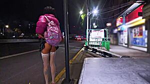 Public whore flashes miniskirt outdoors for daring thrills