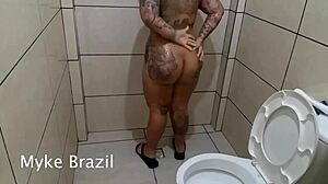 Tattooed hot mommy gives two big cocks blowjobs and sucks them really well, anal included.