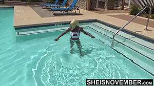 Ebony Babe Undresses From Swimsuit In Bathroom Close-Up