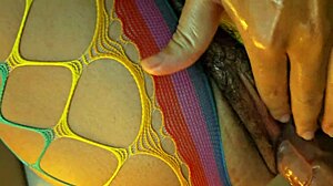 Evening close up of fucking and cumming inside hairy pussy in lingerie and pantyhose