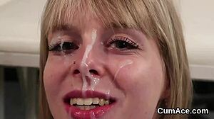 frisky model swallows cum load after facial explosion