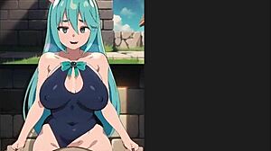 Aqua's standing sex leads to creampie in hentai game