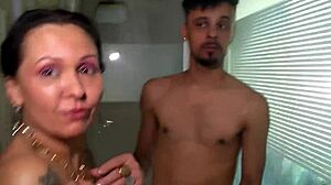 Latina milf's husband almost discovers secret in bathroom