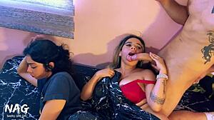 hinting at a sneaky quickie with latina friend bent over riding cowgirl while gf is nearby