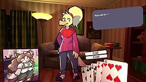 Two chicks playing poker in a furry strip poker game.