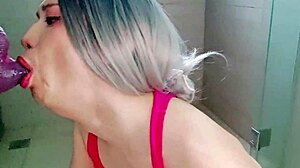 Asian amateur twink deepthroats dildo machine like pro in fetish bunny outfit.