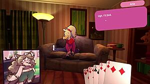 Two chicks playing poker in a furry strip poker game.