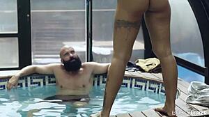 Tattooed Brunette Susy Gala Sucks Cock and Wanks Tits in Pool