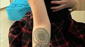 nerdy blonde secretary in glasses jerks big cock into bottle for cum