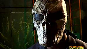 Batgirl gets her mouth and face covered in cum from a big black cock in this interracial fucking scene