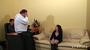 Amateur Brunette French Anal Casting with Foot Fisting on Sofa