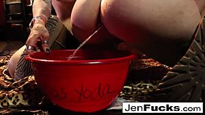 Milf Jen Hexxx helps Leya with a milk enema in her pussy