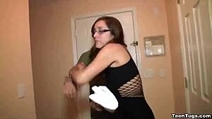 teen slut jerks big cock while wearing glasses, brunette and horny