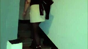 Leather catsuit or pantyhose with miniskirt