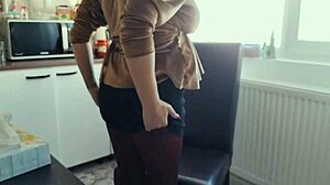 Hot teen in pantyhose strips at window, teases with big tits and cock play