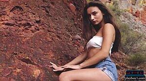 Gloria Sol Rips Clothes for Natural Tits Striptease in Mountains