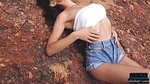 Gloria Sol Rips Clothes for Natural Tits Striptease in Mountains